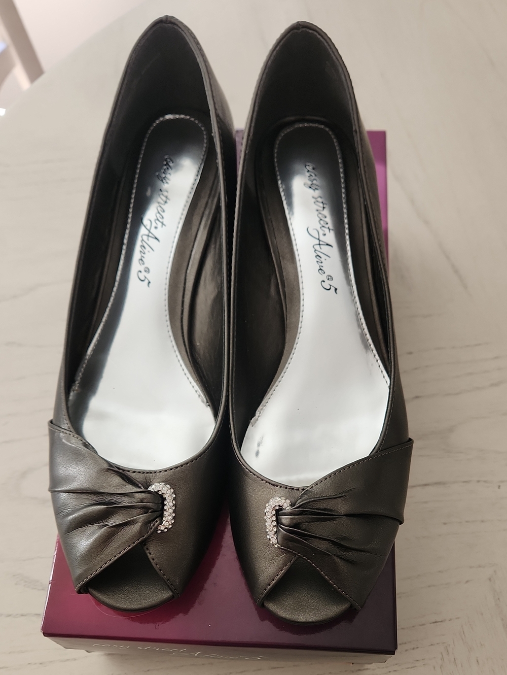 Pewter Satin Peep-Toe Heels with Knotted Rhinestone Accent